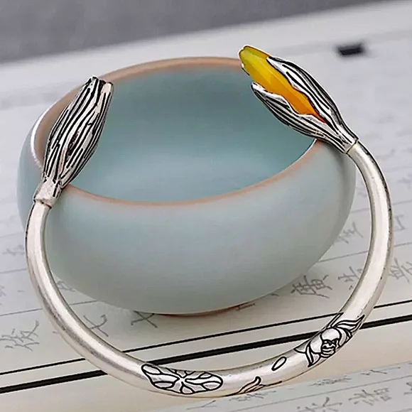 Handmade Jade Flower Sterling Silver Bangle Bracelet - Picture 1 of 11